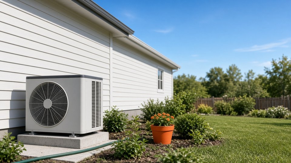 An outdoor air conditioner condenser on a concrete pad beside a white house on a sunny day