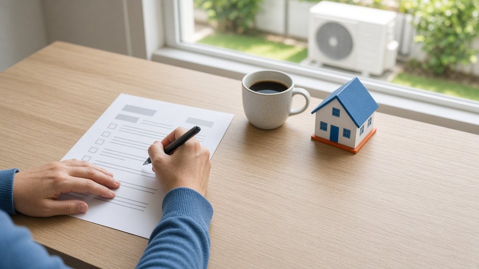 Hands with a pen over a checklist on a kitchen table, an outdoor AC unit visible through the window